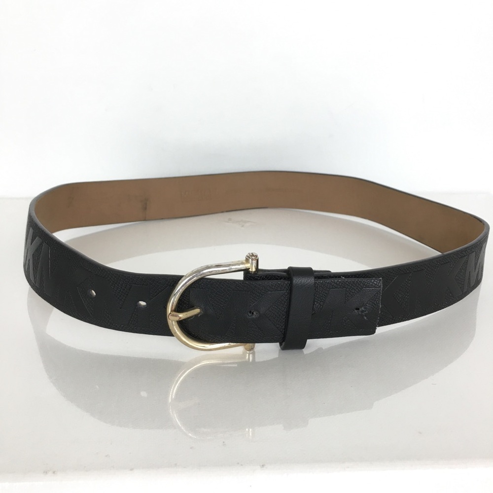 Michael Kors Black Leather Monogram Belt Gold Tone Metal Horseshoe Buckle Size S - Picture 7 of 10